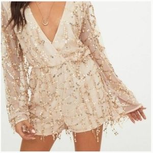 Gold Sequin Romper- Party Playsuit- Wrap Front